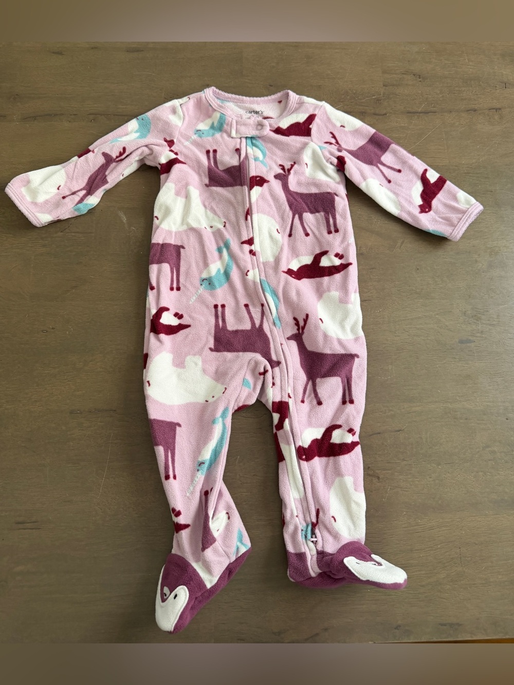 Carters Pink Purple Penguin Print Footed One-Piece Fleece Pajamas 9M